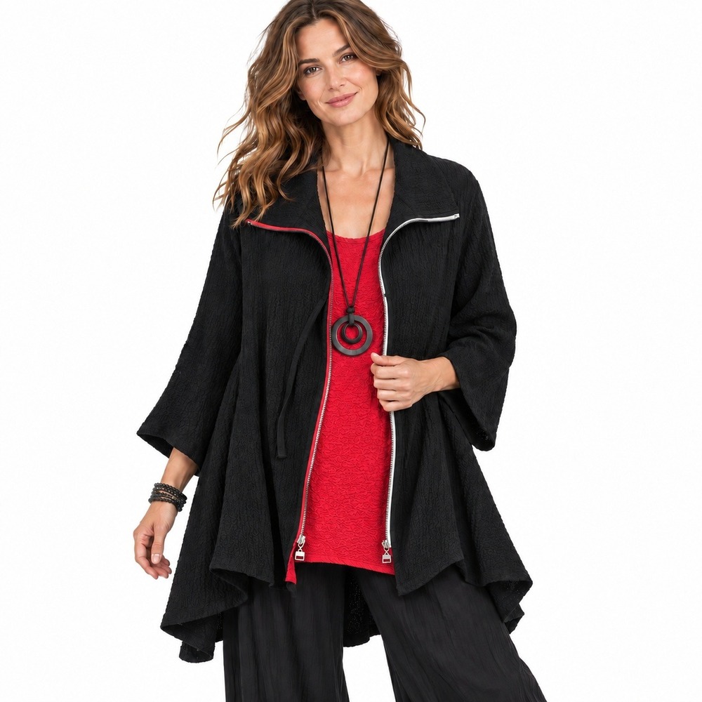 Kiyo Zip Tunic Tank Set XS/M Black Red Lagenlook Oversized Textured Crinkle 2pc